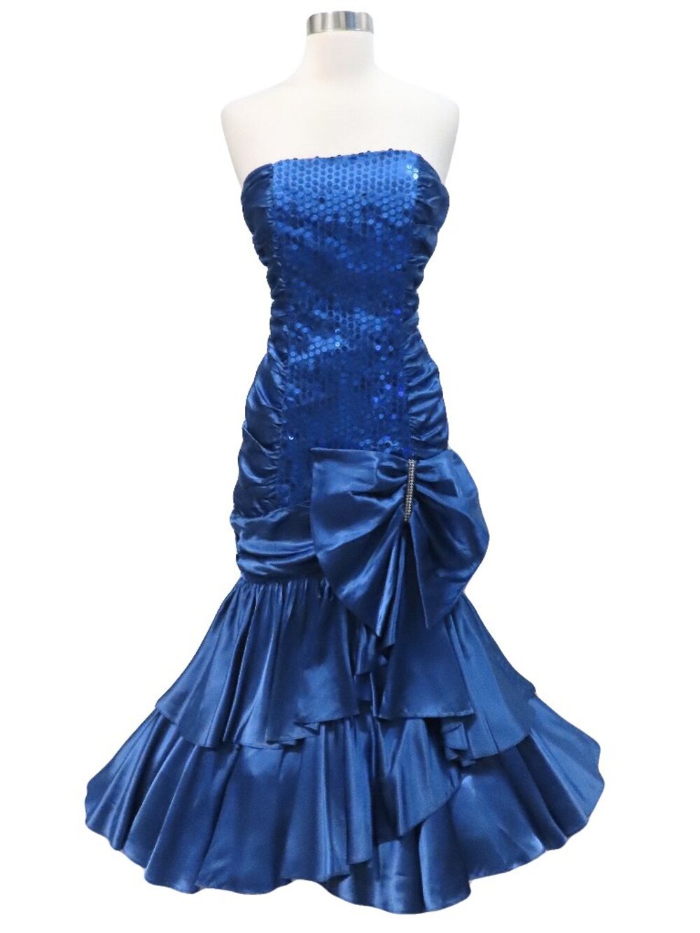 Vintage 80s Blue Strapless Sequin Satin Bombshell Mermaid Prom Party Dress XS S